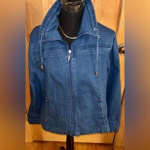 Studio Works Petite Large Zip Up Denim Jacket Stretch Trench Look Silver Trim PL